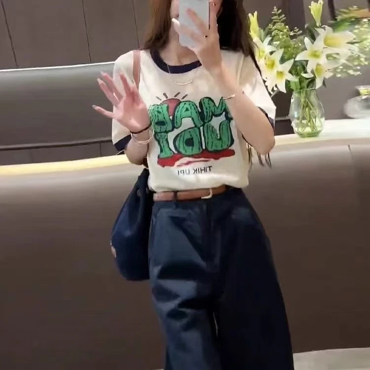 2025新款字母刺绣短袖针织T恤女夏小衫减龄撞色时尚百搭上衣