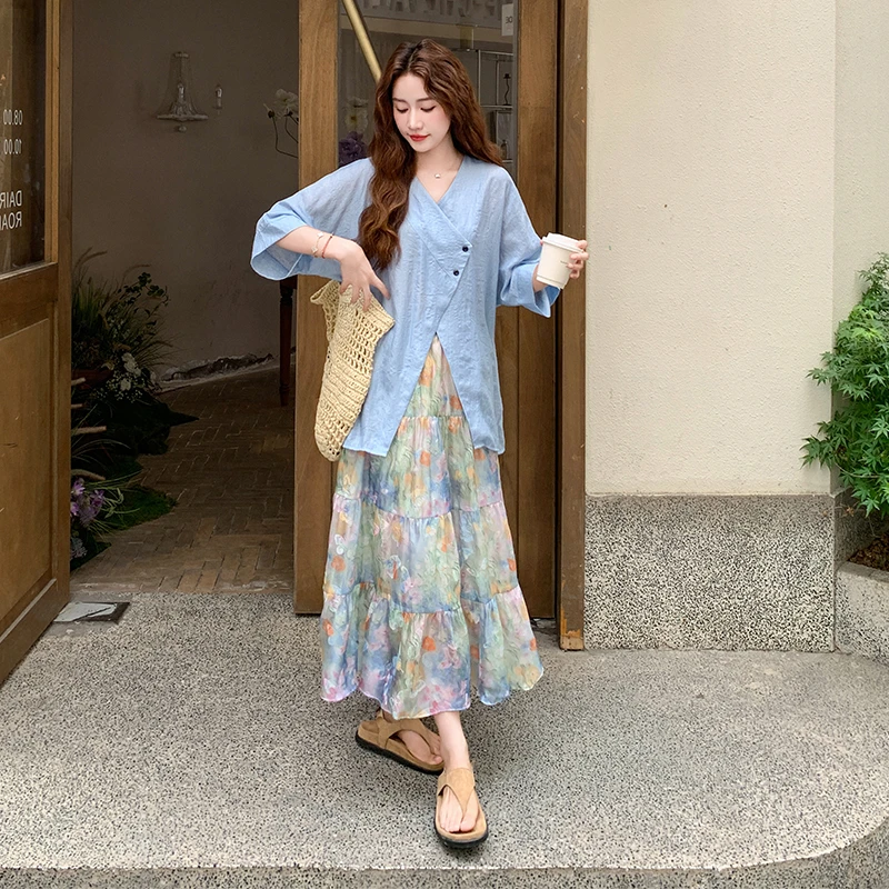 独特漂亮不规则衬衫碎花半身裙套装女夏季韩系油画印花裙子两件套