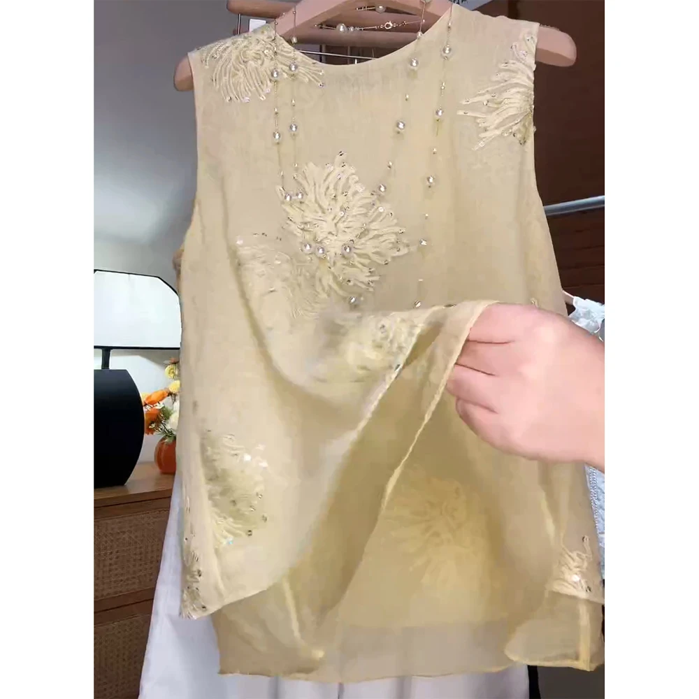 新中式假两件提花拼接无袖背心女夏季新款时尚百搭衬衫中国风上衣