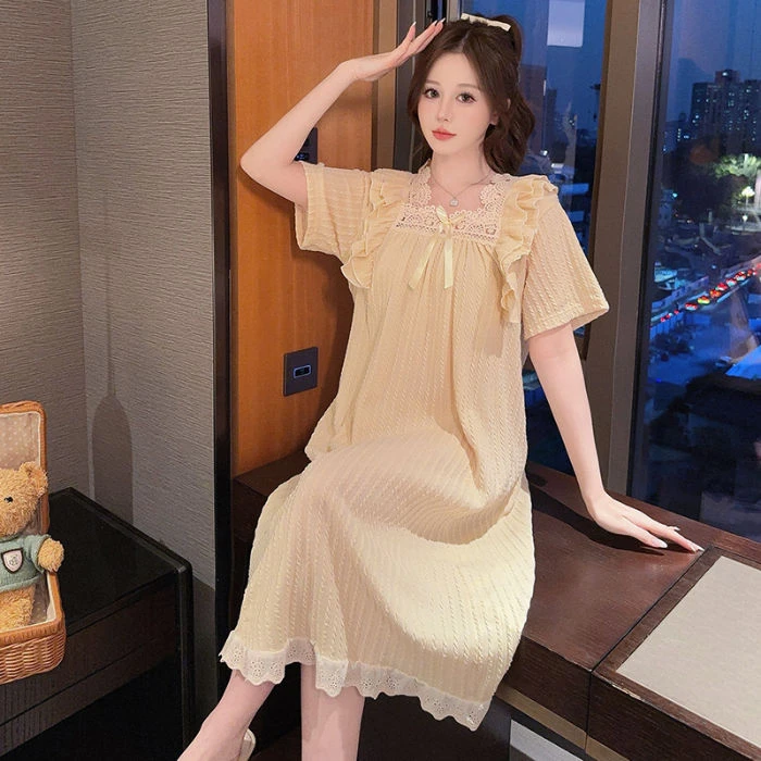 特大码睡裙女夏季短袖300斤网红甜美胖mm200斤过膝孕妇宽松睡衣裙