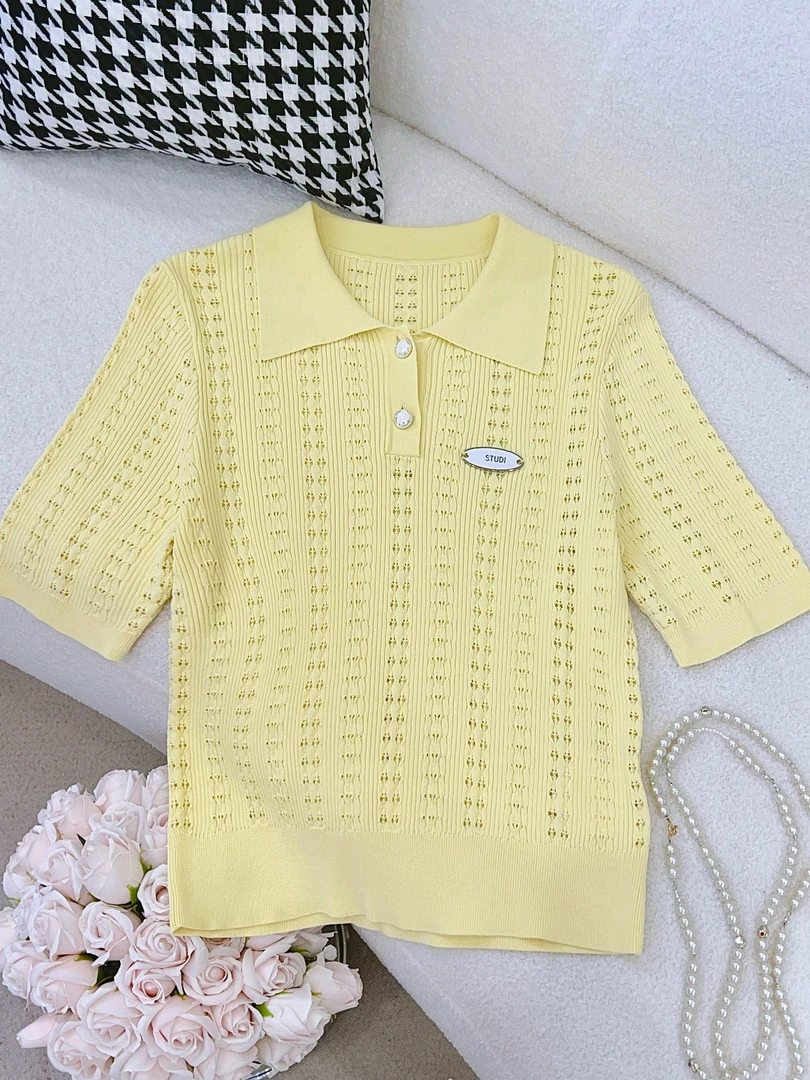 琳心丨夏季新款黄色休闲百搭镂空短袖衬衫 SP8825