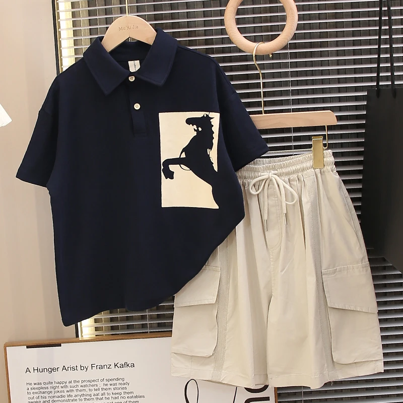 校园风polo衫男童夏装套装2025新款儿童珠地棉短袖两件套宽松帅气