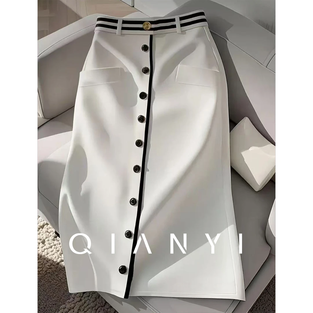 纤屹2025夏季新款气质排扣通勤风静奢撞色遮肉显瘦女装半身裙