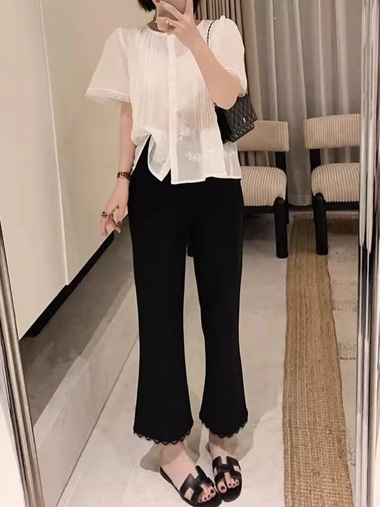 蕾丝边黑色九分休闲裤女夏薄款大码胖mm高腰显瘦小个子冰丝直筒裤