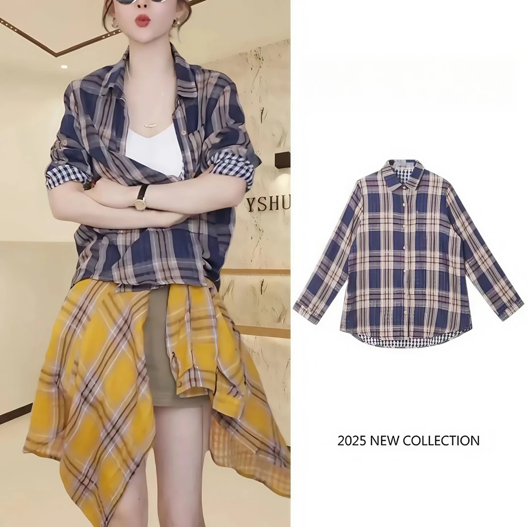 双面条纹复古红心格2025夏季新款休闲穿搭柔软舒适显瘦上衣格子衫