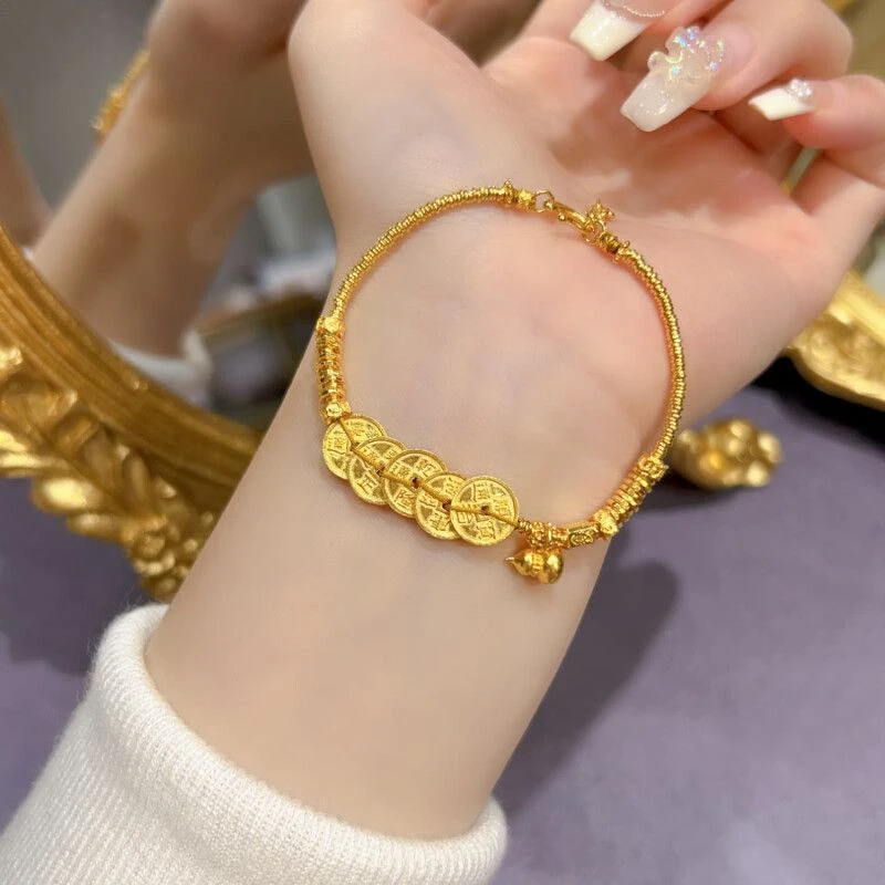 铜合金手链 古法黄金色五帝币盘缠手链气质新款葫芦高级感送女友