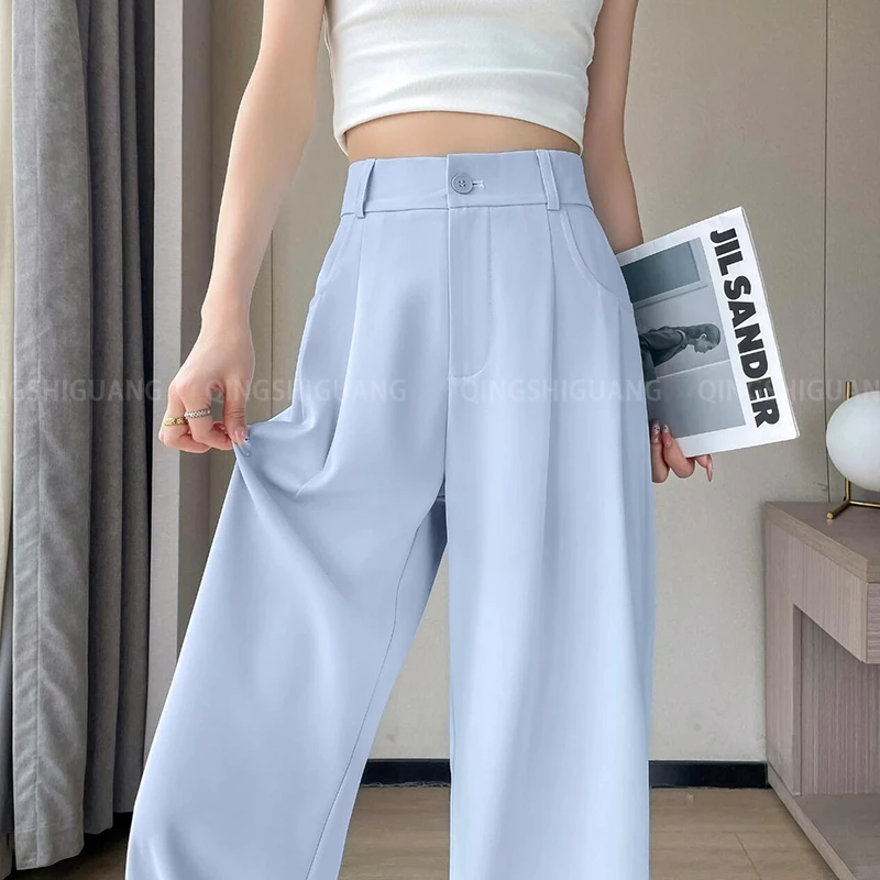 蓝色冰丝阔腿裤女夏季薄款西装裤2025高级感垂感高腰休闲直筒裤子