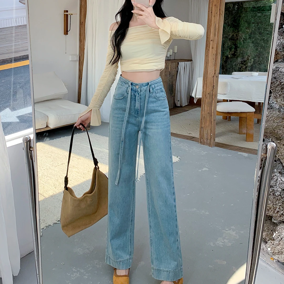 【送腰绳】8210夏季新款高腰窄版直筒牛仔裤宽松瘦阔腿裤小个子女