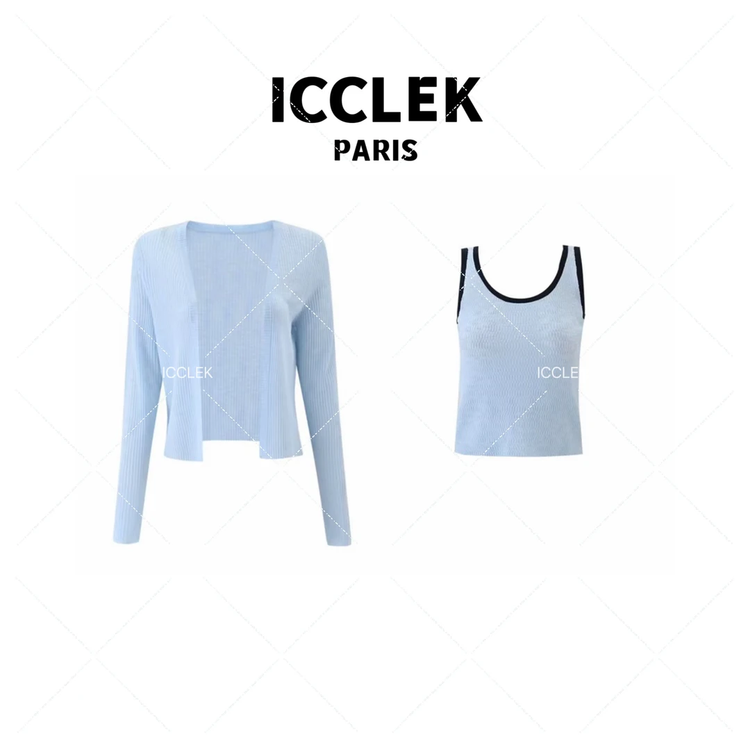 ICCLEK 蓝色针织背心套装两件套气质轻奢名媛减龄百搭短袖 - 5667