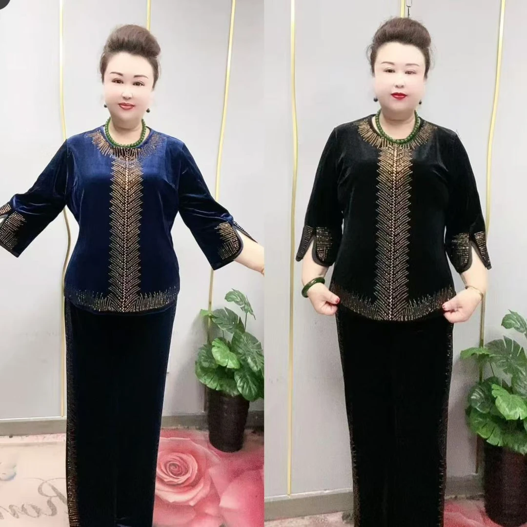 2523时尚百搭秋季烫钻丝绒小衫+裤子两件套