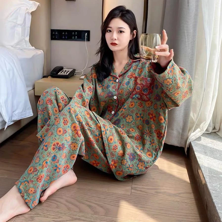 GPSUNLU复古风纯棉开衫睡衣女长袖加大码简约宽松胖MM200斤家居服
