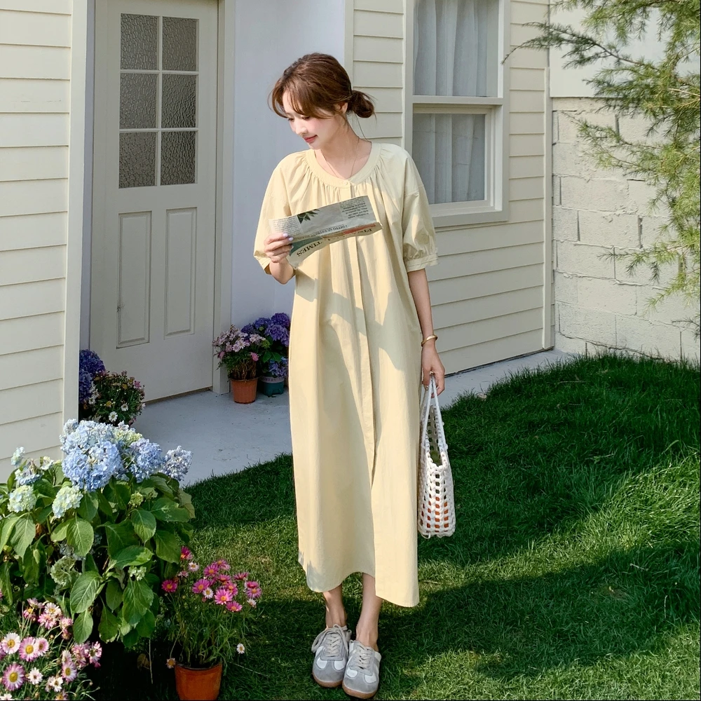 法式简约气质连衣裙女2025夏季新款宽松轻熟风过膝纯色长裙休闲