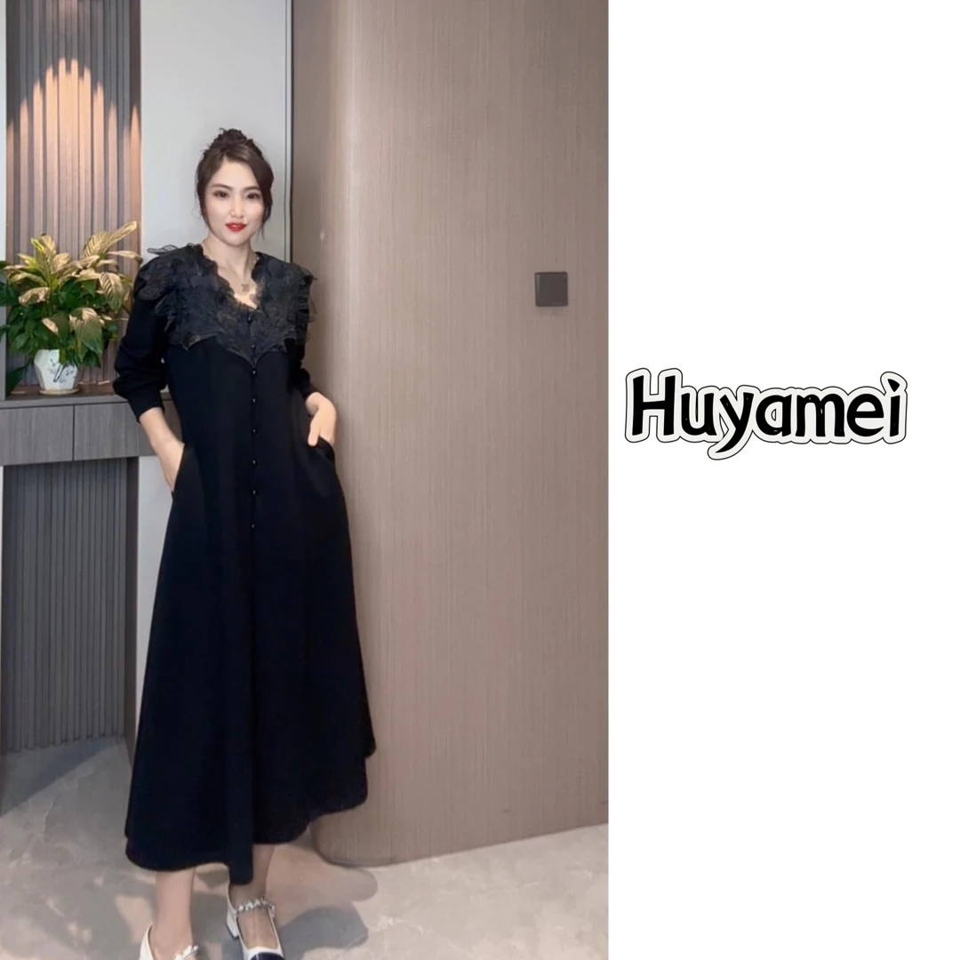 时尚减龄黑色蕾丝网纱花边领连衣裙优雅长袖