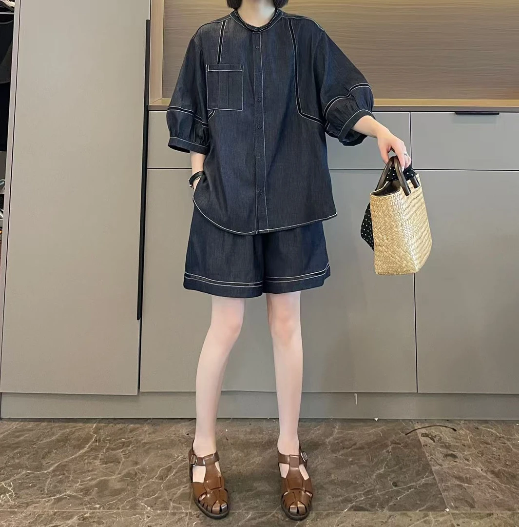 米可/MK-2202AL【明线设计镂空牛仔套装】时尚休闲夏季新款两件套