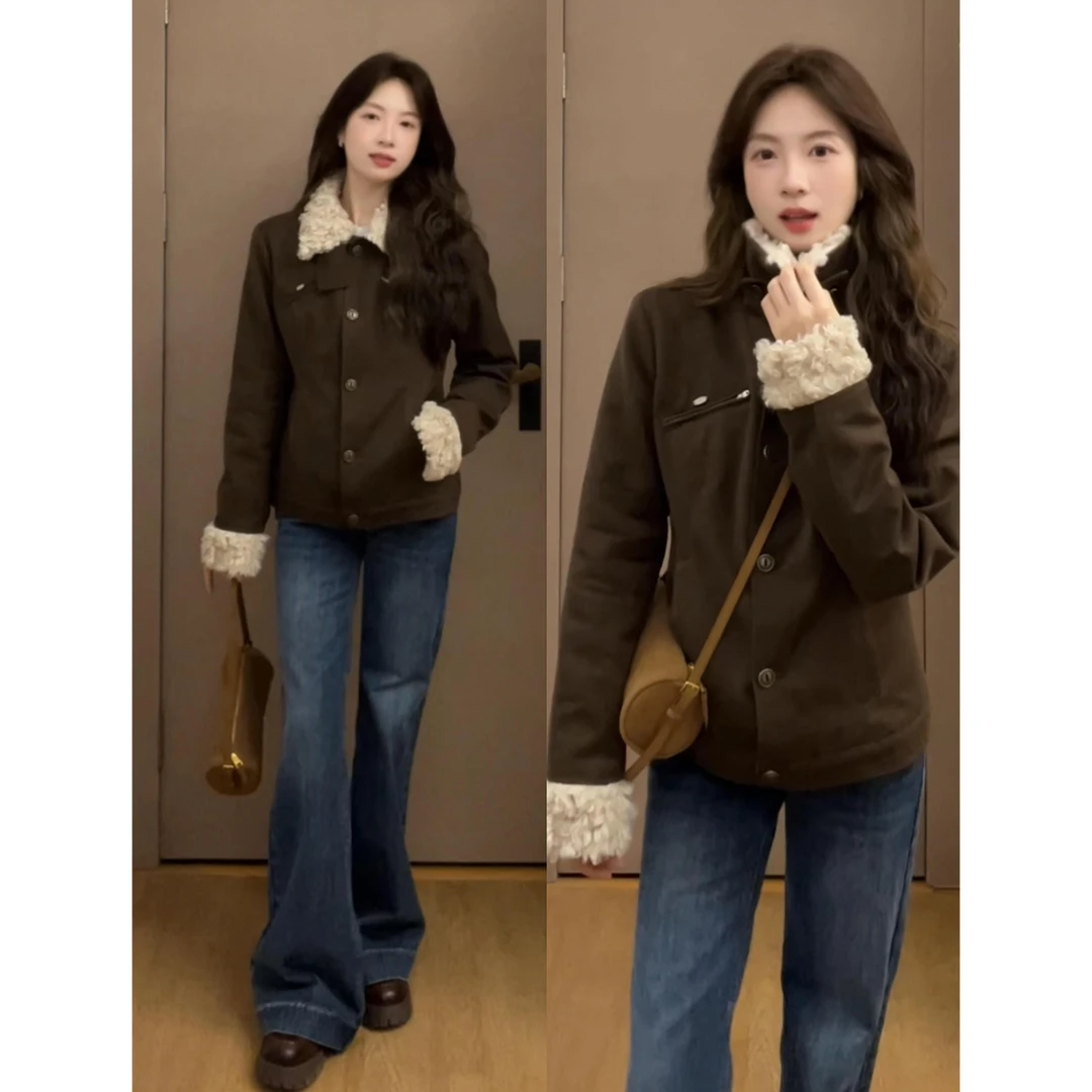 皮毛一体翻领仿羊羔毛外套女秋冬季2025新款时尚百搭气质短款上衣