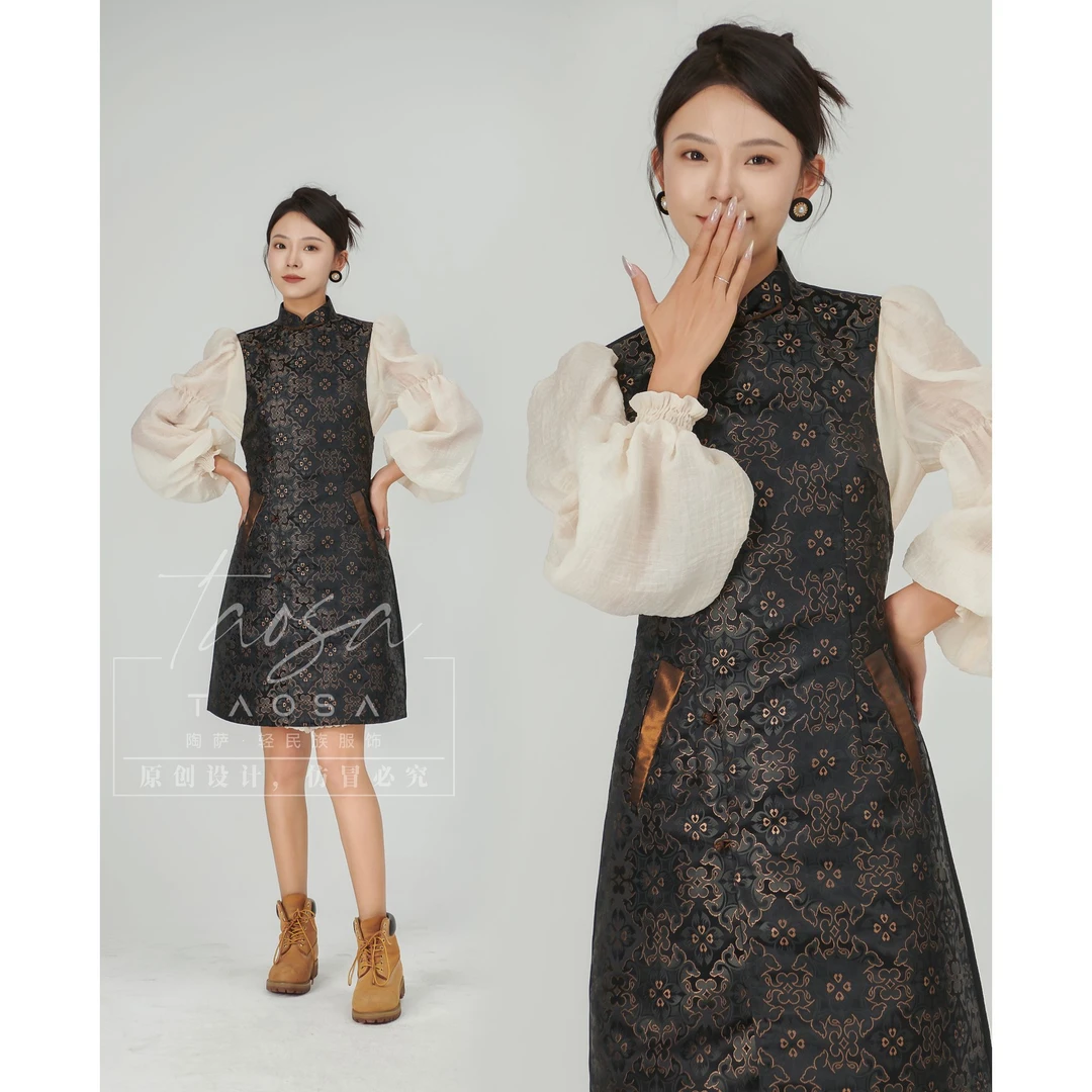 【陶萨】M003-新宝相花纹撞色连衣裙式马甲 陶萨原创轻民族服饰