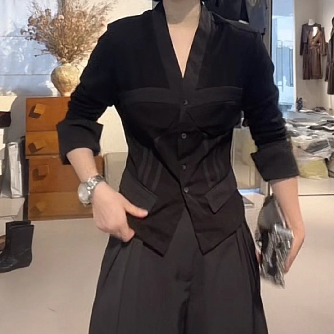 小众常规款V领衬衫女2025秋季新款设计感时尚气质修身长袖上衣