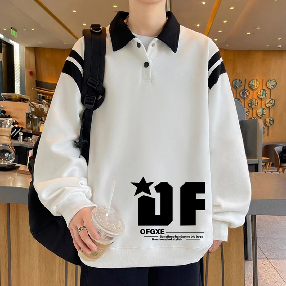 polo领卫衣男春秋季新款翻领长袖上衣服青少年字母印花美式套头衫
