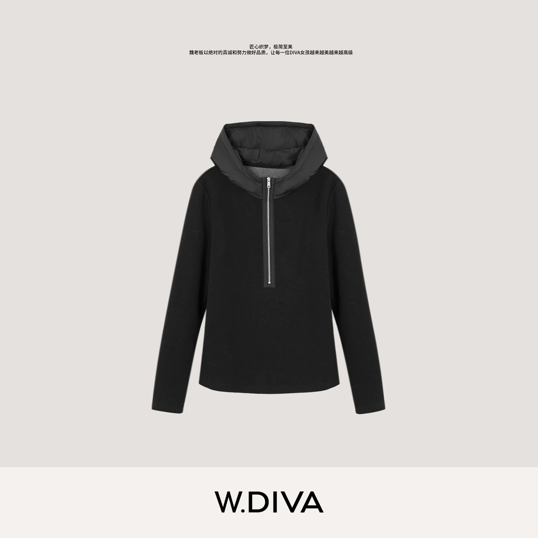W.Diva【松弛自我】羊毛半门襟拉链夹棉半高领连帽卫衣女53T183120