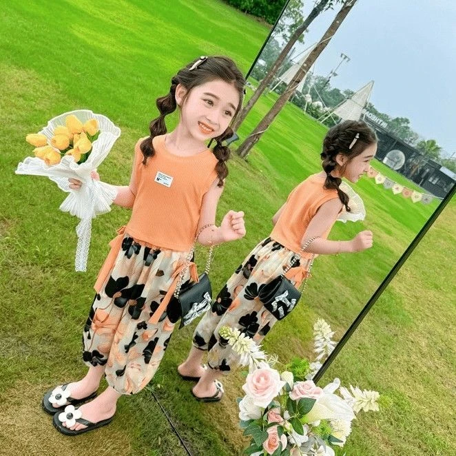 女童夏季洋气套装无袖2025新款韩版夏装背心女孩防蚊裤两件套