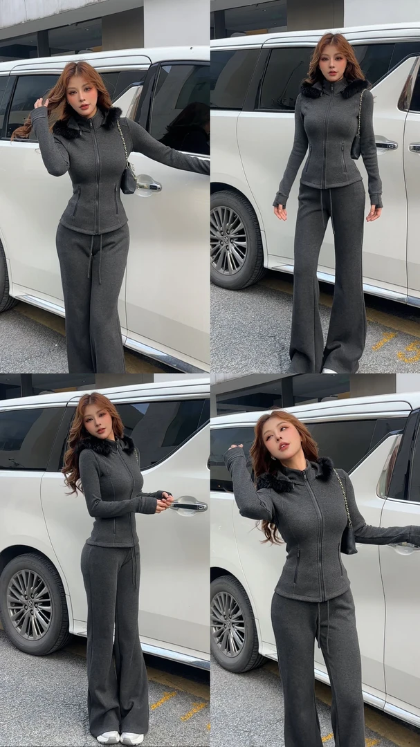 加绒加厚可拆卸毛领2025秋冬新款气质休闲一整套慵懒时尚套装女