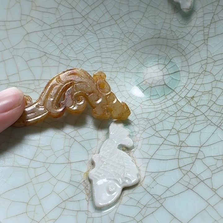 秋***叶瓷片双鱼青瓷开片大碗
