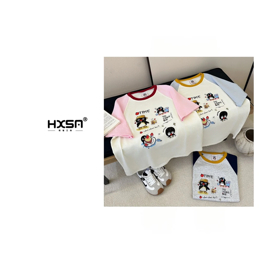 HXSM「企鹅拼接大版」夏童趣圆领短袖3163