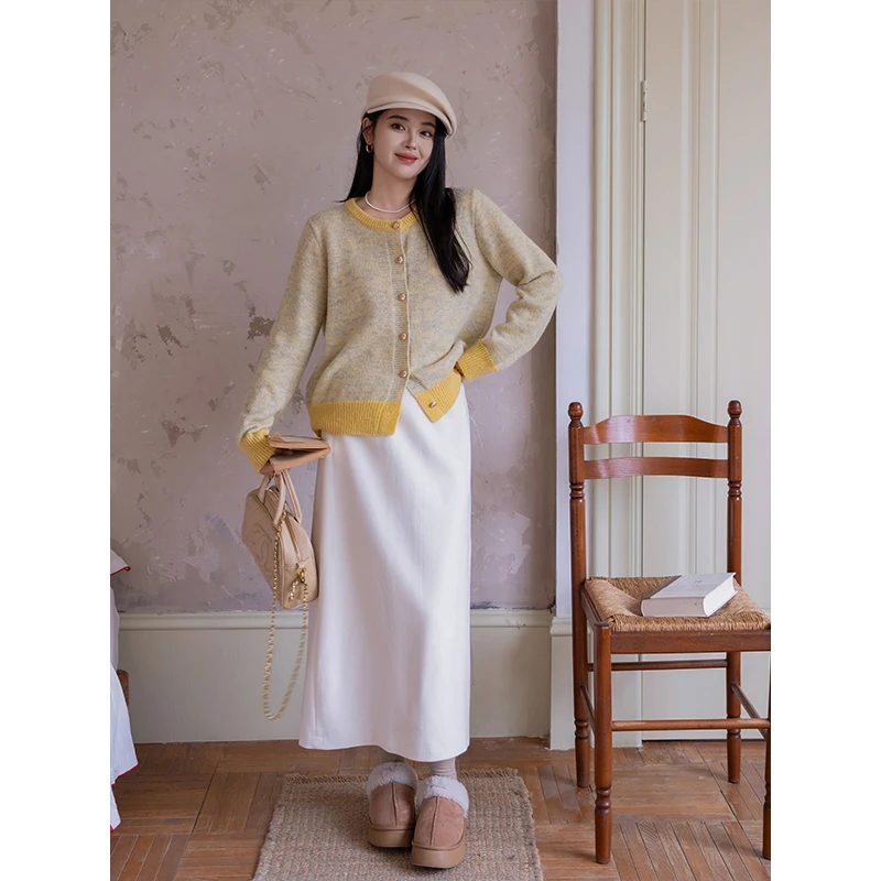 QC李潇洒微胖大码小香风圆领软糯针织开衫温柔氛围感撞色短上衣