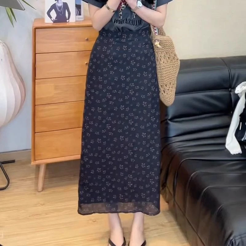 高腰碎花半身裙女夏季2025新款宽松显瘦复古气质休闲开叉直筒裙子