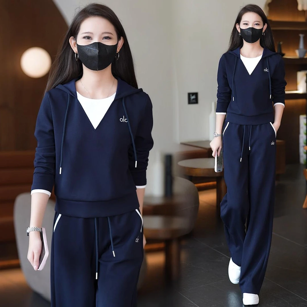 加绒加厚时尚套装女秋冬洋气宽松显瘦假两件长袖上衣阔腿裤两件套