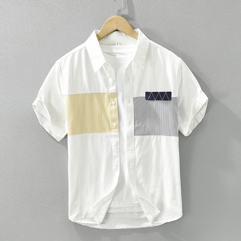 8051日系清新拼色短袖衬衫男士时尚百搭休闲文艺宽松上衣春秋新款