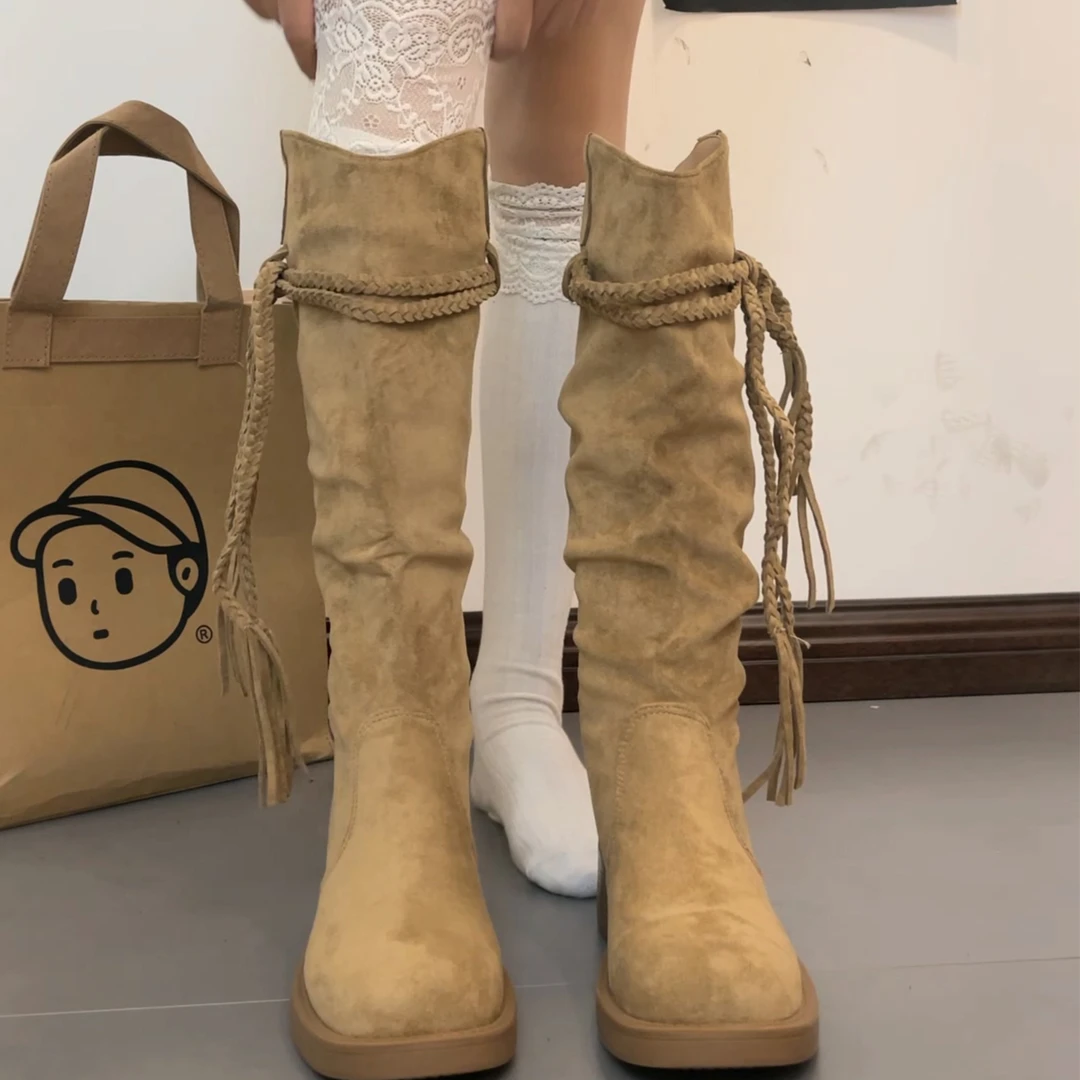 复古废土风流苏骑士靴女2025秋季新款百搭显瘦不过膝网红堆堆靴子