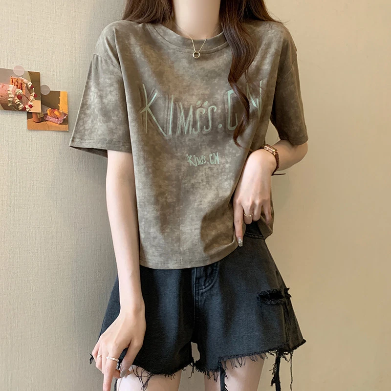 美式甜辣短袖t恤女2025新款夏季宽松显瘦扎染复古设计感正肩上衣