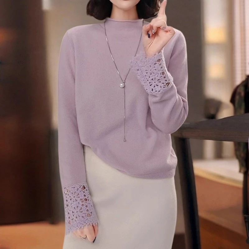 温柔风钩花拼接长袖T恤女秋冬2025新款半高领时尚气质减龄打底衫