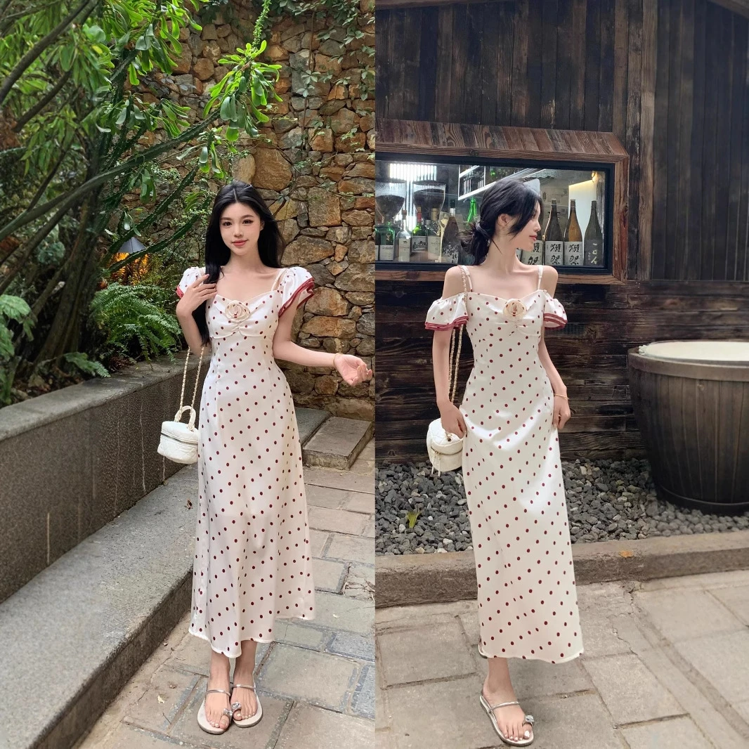 欧若风2025年新款大码优雅复古红色波点连衣裙气质一字肩长裙女