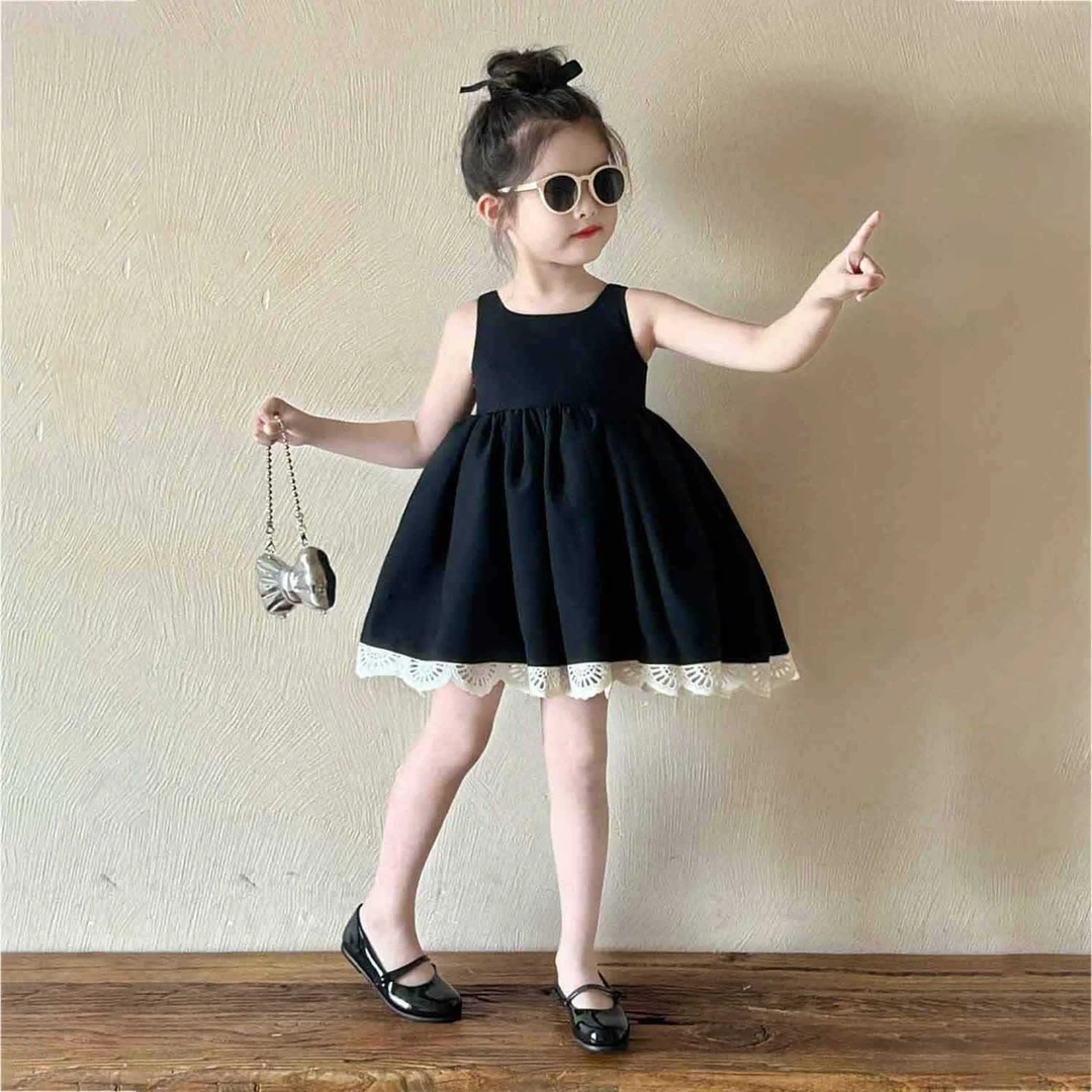 韩版童装2025夏季新款黑色花边背心连衣裙女童赫本风气质露背黑裙