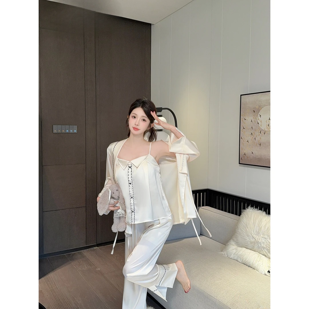 春秋高级感性感带胸垫睡衣三件套冰丝睡衣女复古高级感薄款家居服