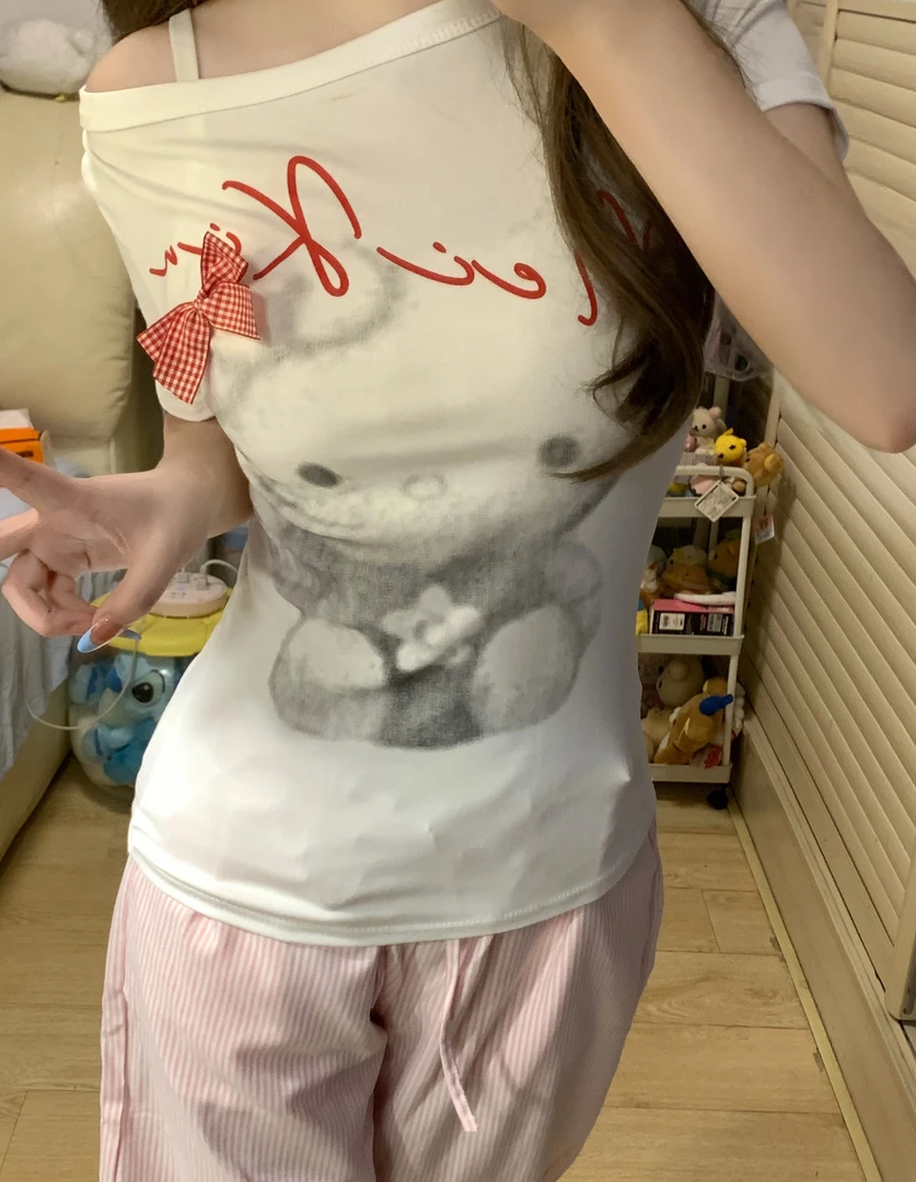 【甜酷KITTY】立体蝴蝶结！斜肩短袖T恤设计感显瘦上衣辣妹