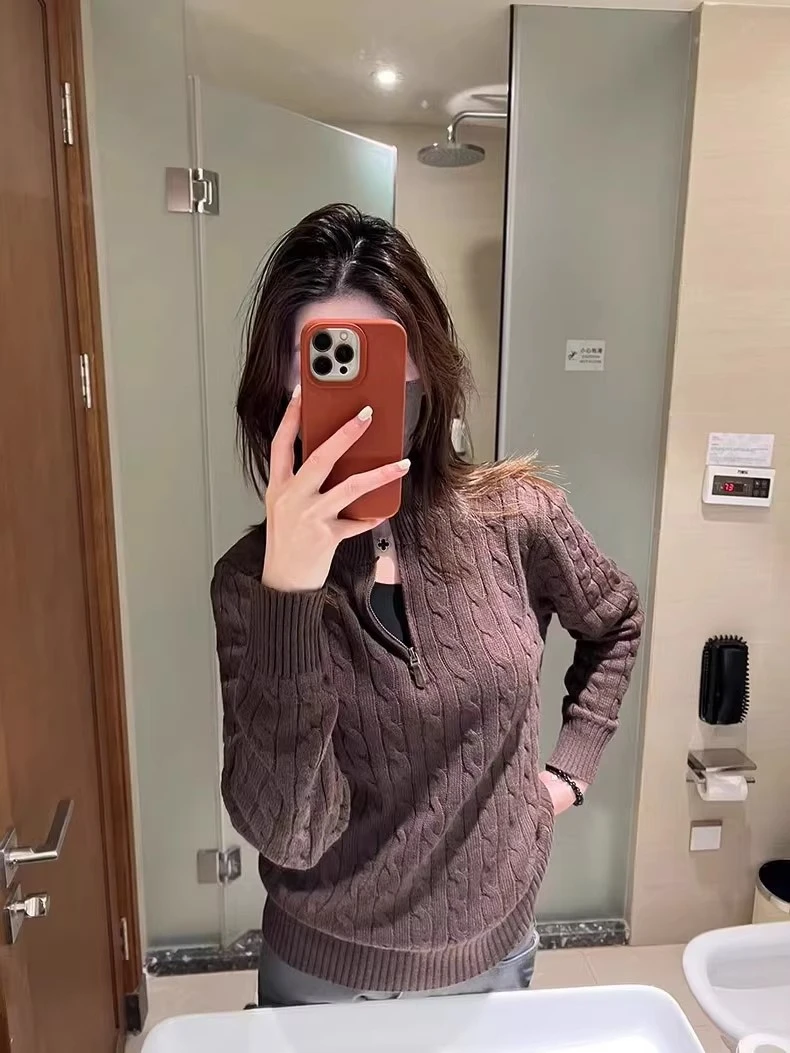 法式复古立领麻花针织衫女早秋季半拉链咖色毛衣修身显瘦长袖上衣