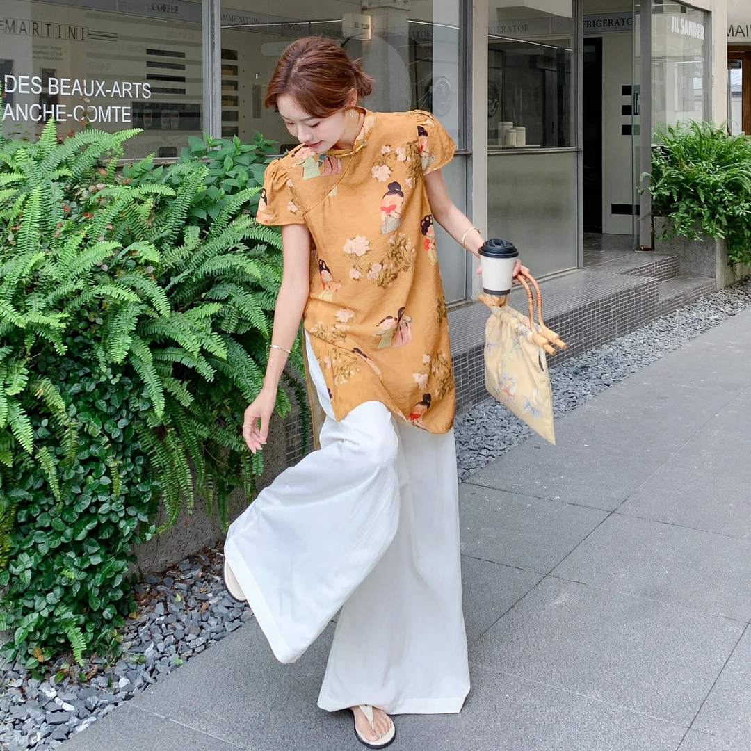 新中式国风套装女2025夏季新款复古印花改良旗袍上衣阔腿裤两件套