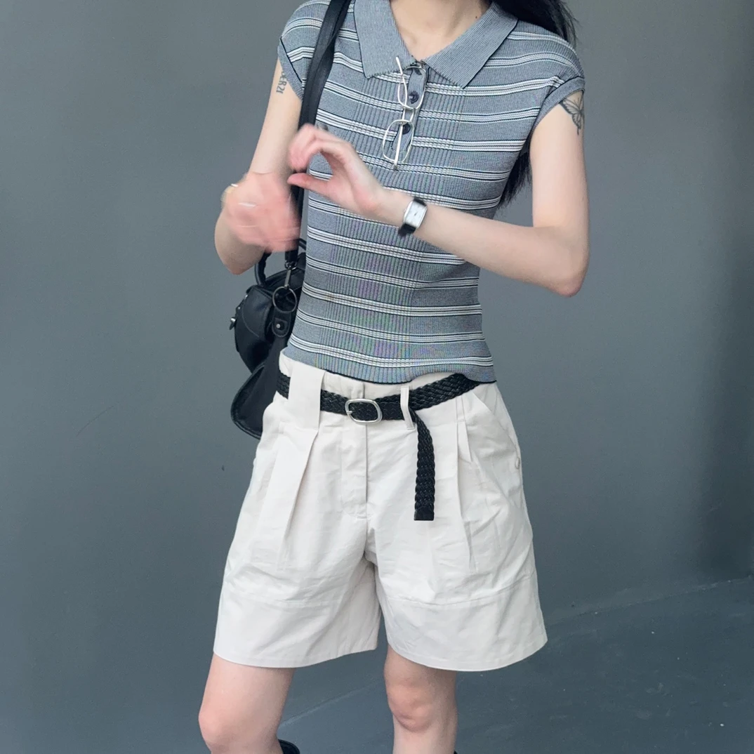 枳茶Studio压褶短裤春夏新款韩系简约休闲宽松百搭直筒五分裤