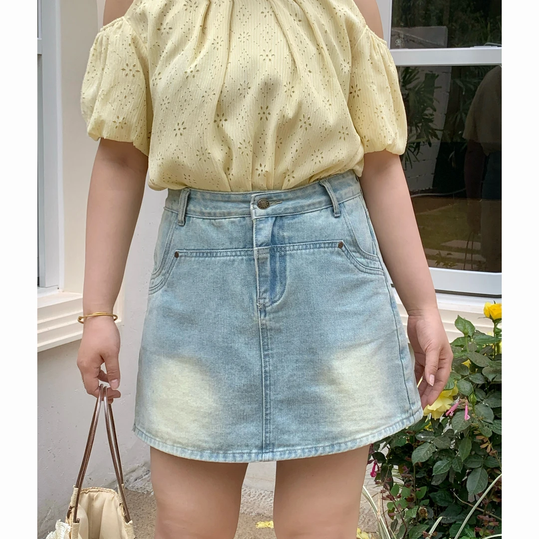 【仲夏青柠】大头婷微胖定制复古高腰防走光裙裤遮肚短裙牛仔半裙