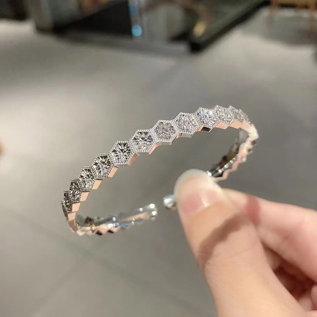 足银手镯 足银s999纯银手镯女亮闪闪设计雪花奢华制做车花钻镯子