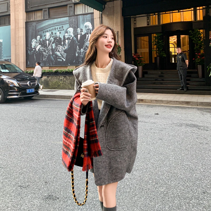 高智感雪花灰双面呢大衣2025秋冬新款极简韩系ins风连帽毛呢外套