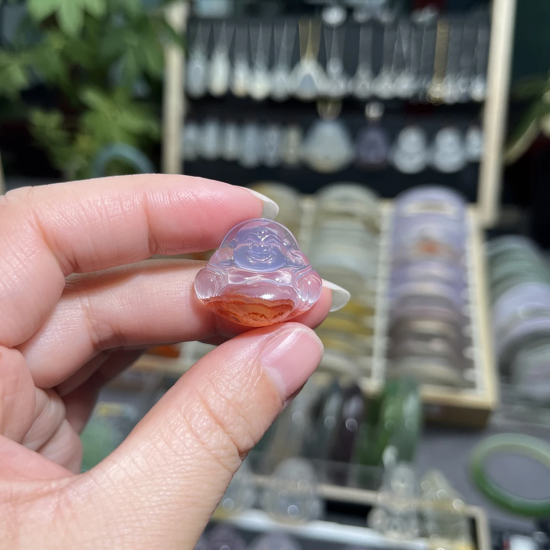 天然玛瑙玉髓紫罗兰飘红砂佛公吊坠项链挂件饰品超冰透约21*25*9