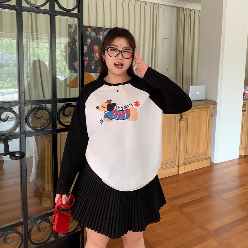 YUZI/鱼子圆领印花卫衣大码女装微胖mm宽松显瘦百搭插肩袖上衣