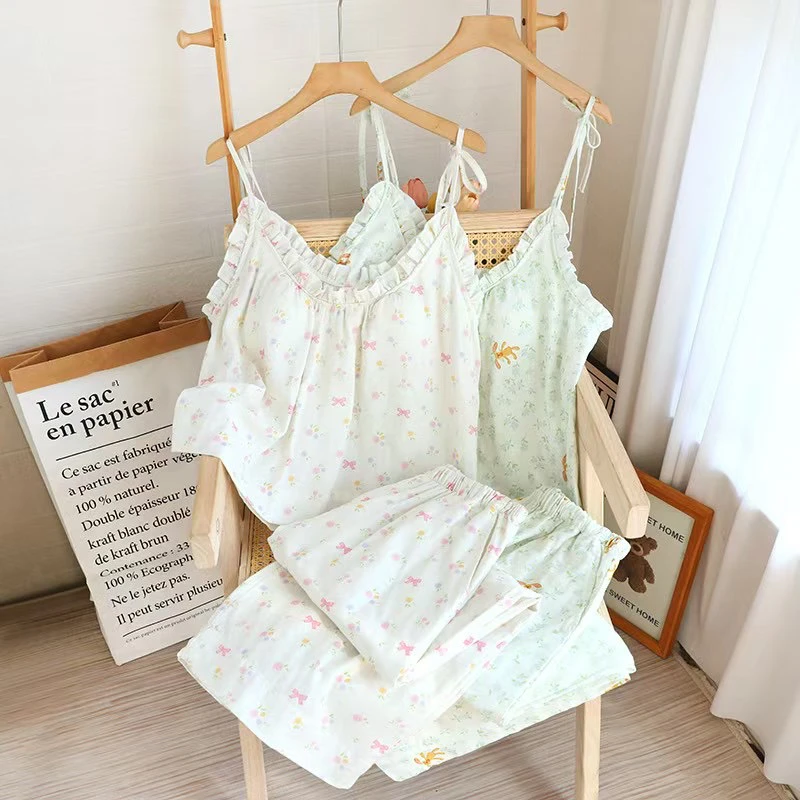 【胸垫款】全棉棉纱韩系吊带九分裤套装纱布棉家居服睡衣