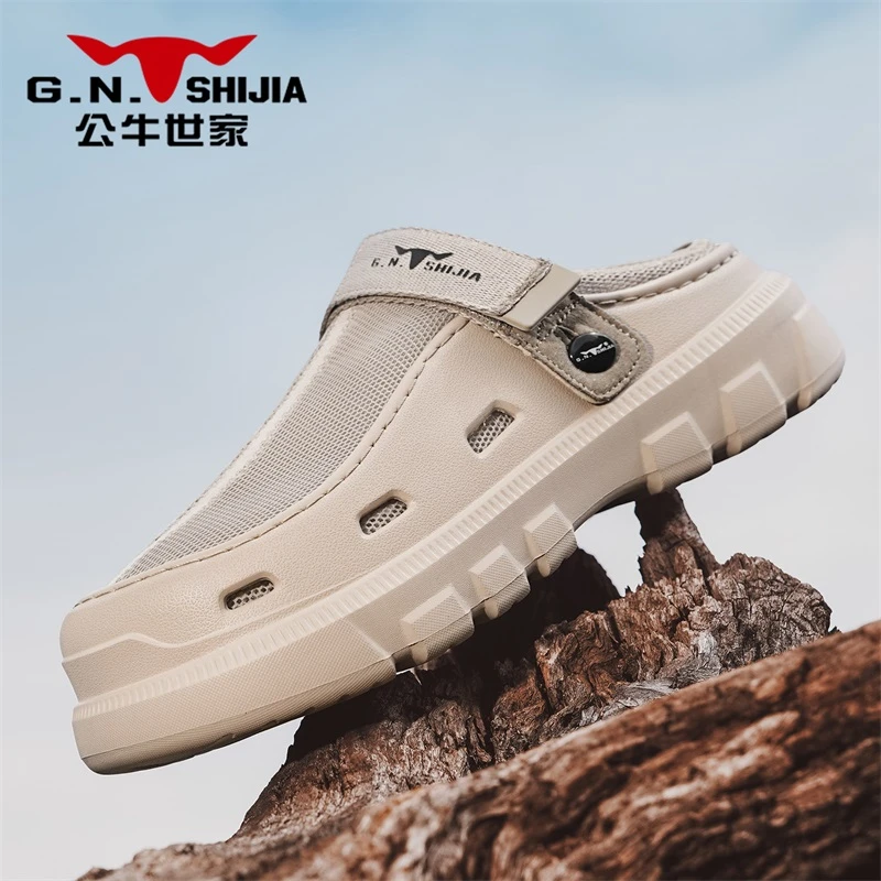 公牛世家夏季男厚底外穿防滑沙滩洞洞鞋户外运动包头上班钓鱼凉鞋