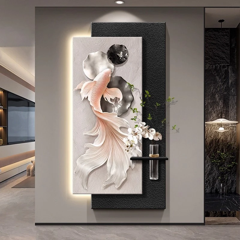 锦鲤玄关装饰画轻奢高级感走廊尽头挂画寓意好入户进门过道挂画