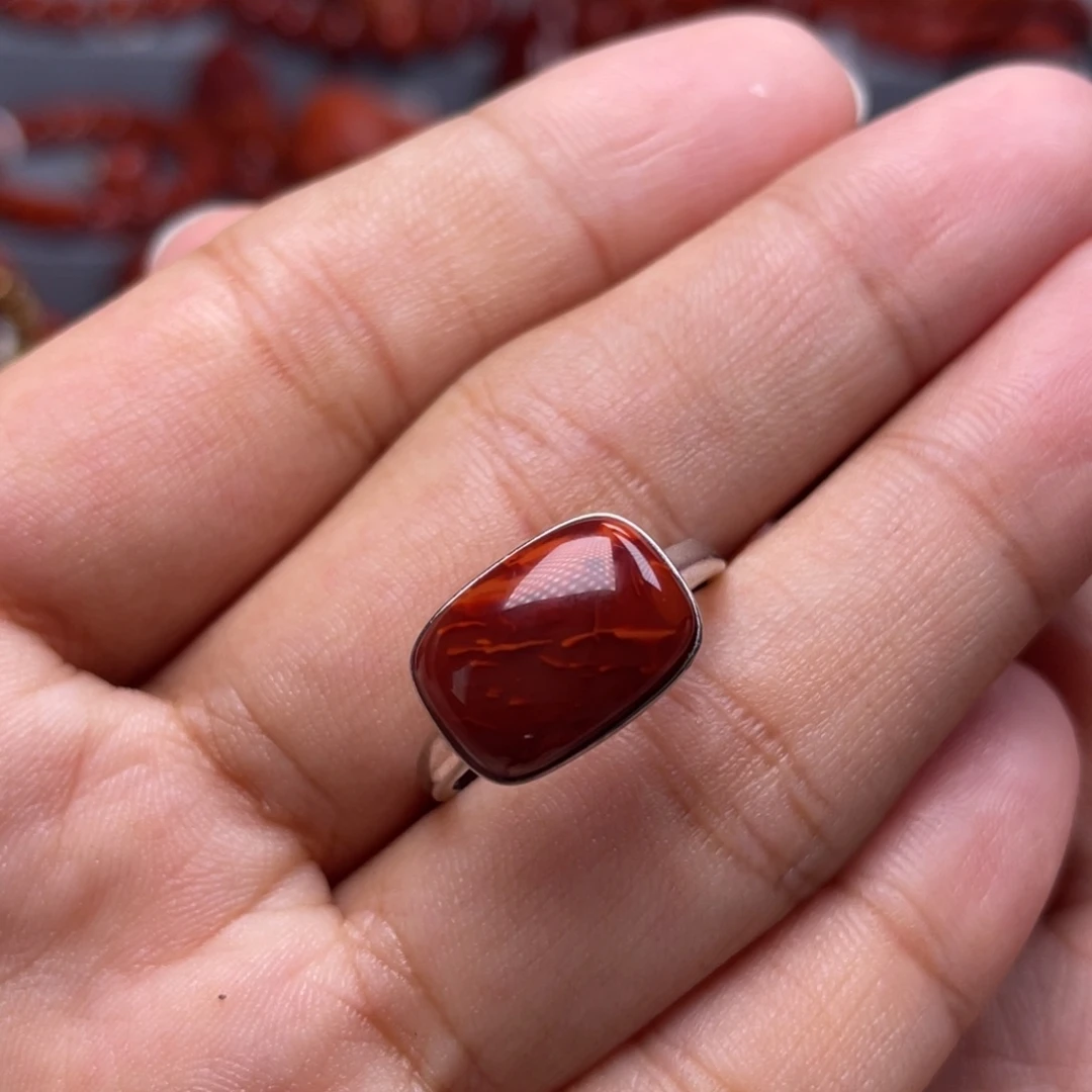 南红玛瑙银S925镶嵌珠宝奇石戒指